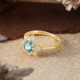 Round  Moss Agate Flower Engagement Ring Nature Inspired Wedding Ring